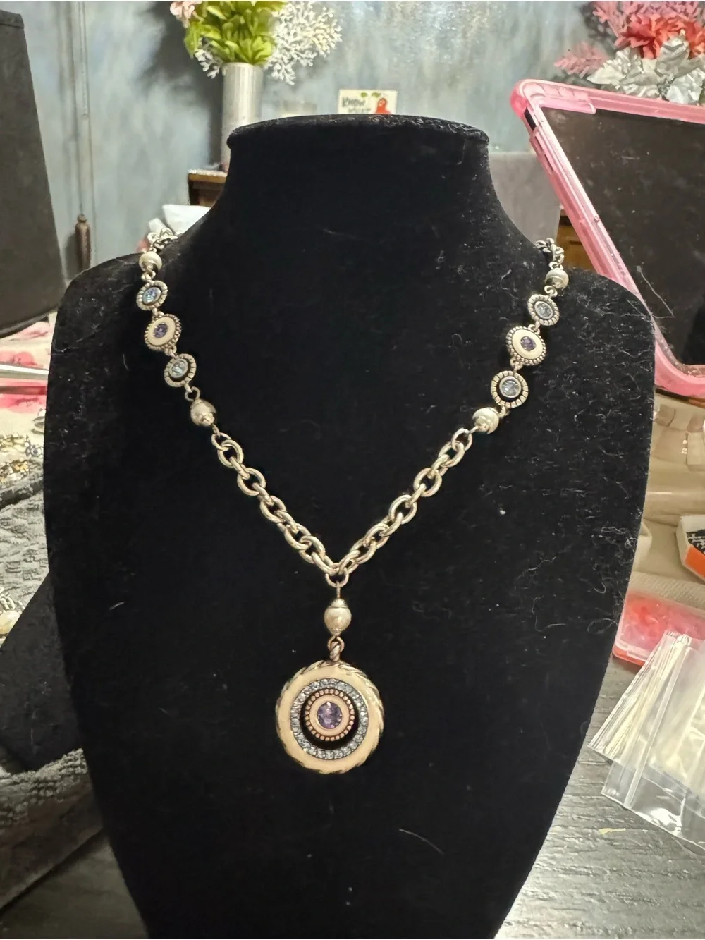 Brighton Vintage-Inspired Gold Tone Necklace with Purple Center Pendant